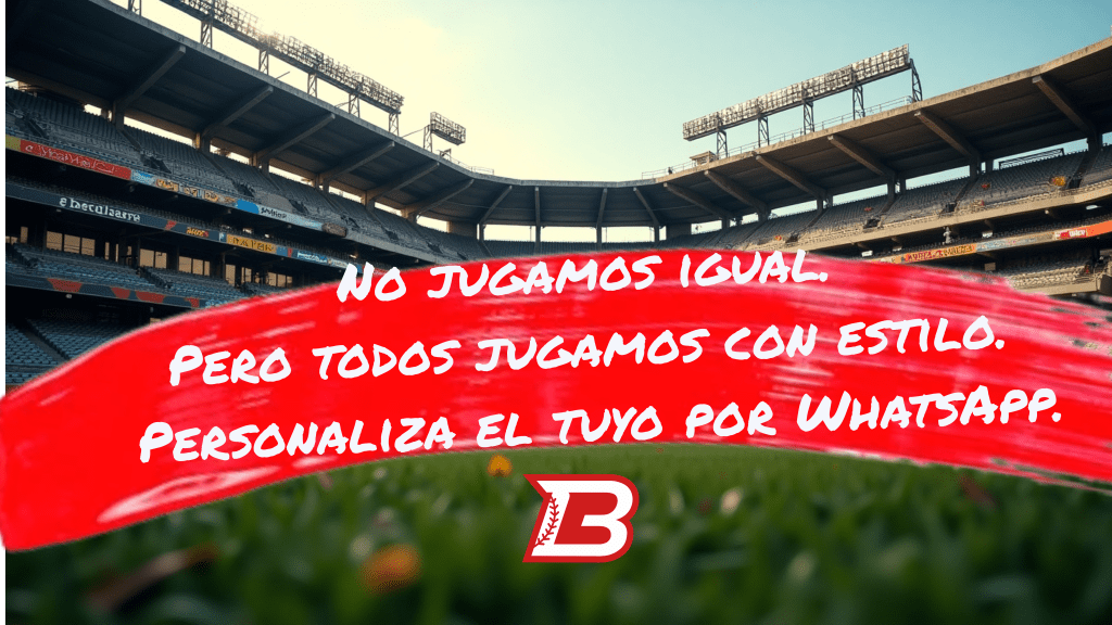 Estadio de béisbol urbano intervenido con brochazo rojo y mensaje de personalización de ropa DB3: No jugamos igual. Personaliza el tuyo por WhatsApp. Campaña de gorras y ropa a medida para jugadores reales.
