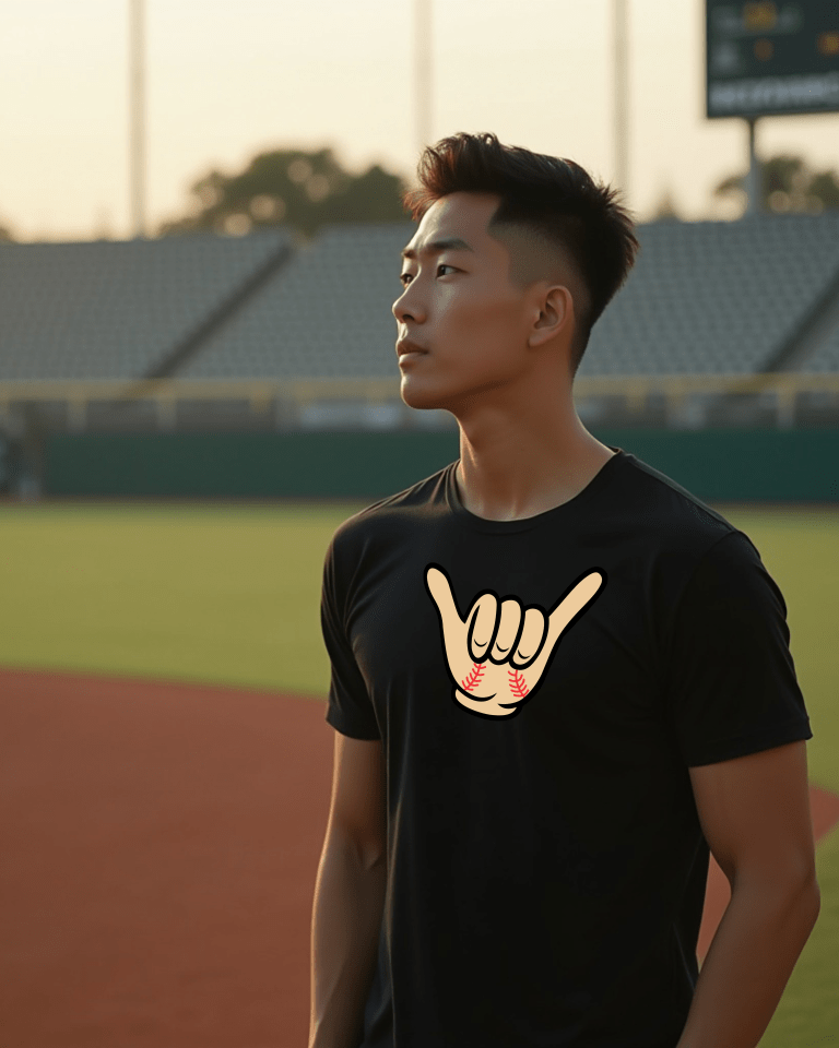 hombre con playera DB3 Hang loose en un campo de baseball