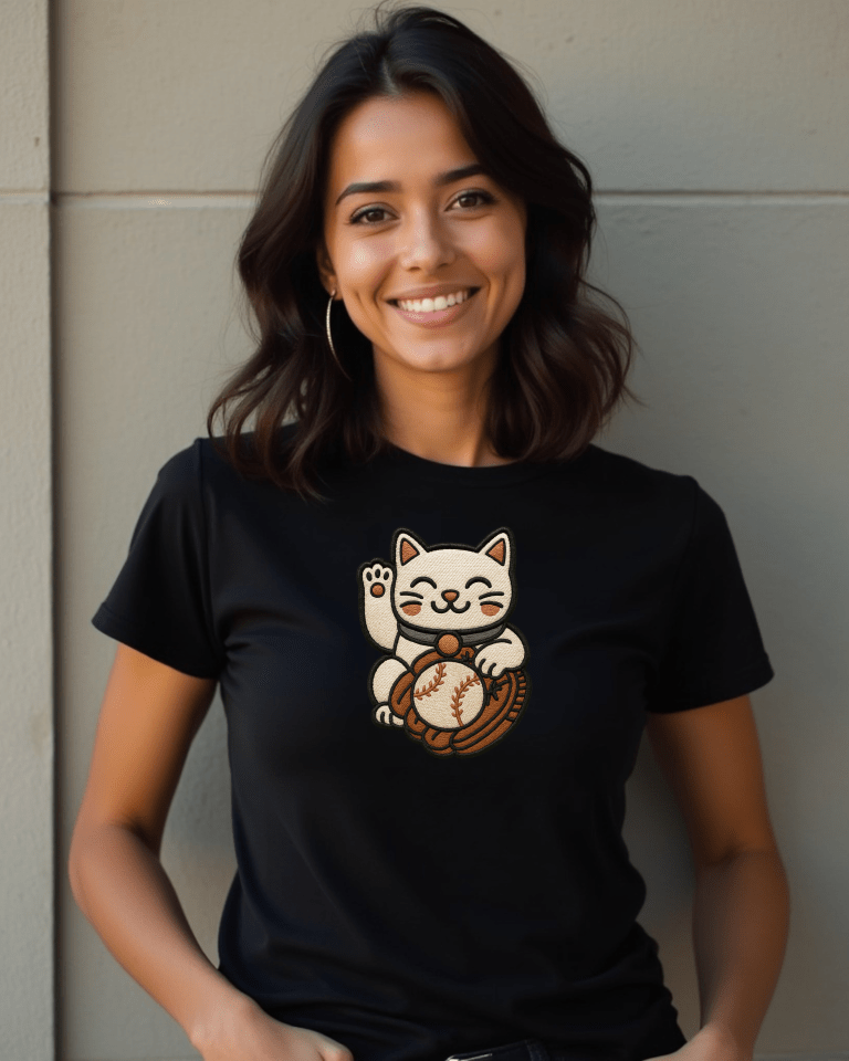 Mujer con playera DB3 con la imagen de lucky 9 cat DB3